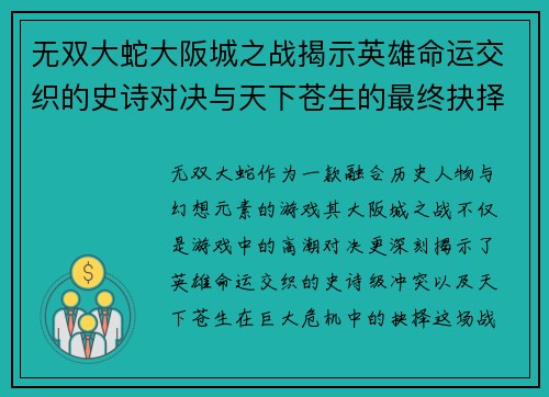 无双大蛇大阪城之战揭示英雄命运交织的史诗对决与天下苍生的最终抉择